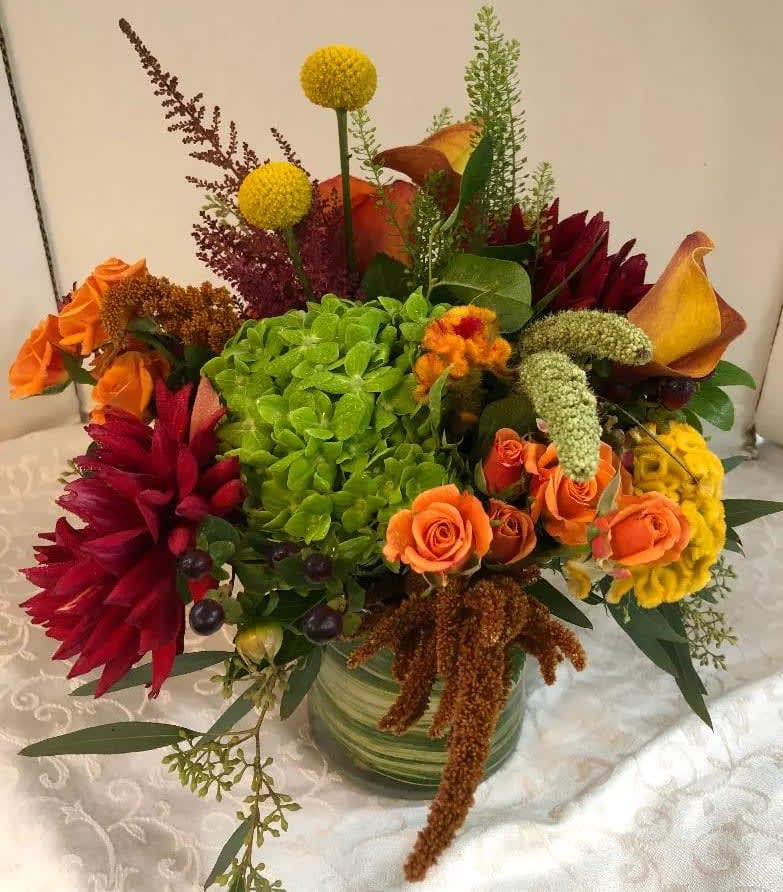 Dahlias &amp; Calla Lilies - Stunning Display of Fall  Colors. Hydrangea,  Fancy Dahlias,  Calla lilies,  Coxcomb,  Spray Roses, Roses ,  Billy Balls, Assorted Fancy Greens &amp; Autumn Fillers