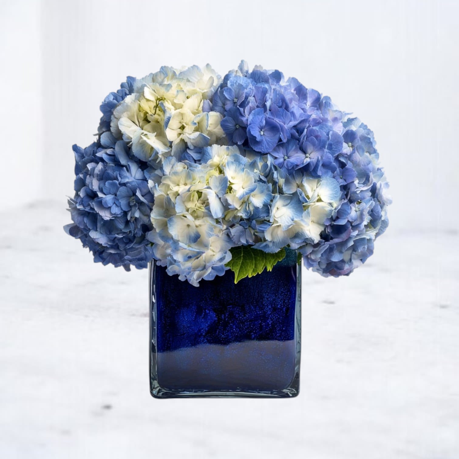Nebula Bloom – Sympathy Flowers for Funeral or Home - Offer a heartfelt expression of sympathy with Nebula Bloom, a serene and elegant floral tribute designed to honor a cherished life. This arrangement features lush blue and white hydrangeas, symbolizing peace, remembrance, and eternal love. Nestled in a sleek blue vase, its calming hues bring a sense of comfort and solace during times of loss. Ideal for funeral services, memorial gatherings, or as a meaningful condolence gift, Nebula Bloom conveys your deepest sympathies with grace and beauty.