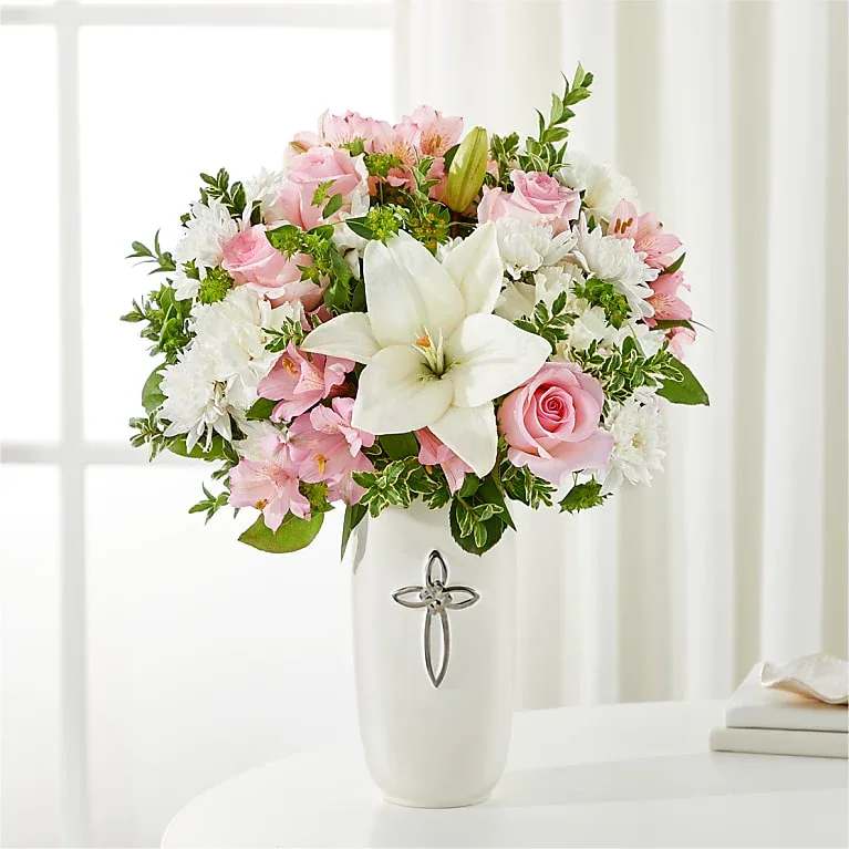 Kindly Devoted Bouquet - Soft white and pink florals make the Kindly Devoted Bouquet a touching gift for a religious gathering, service, or to send to their home.