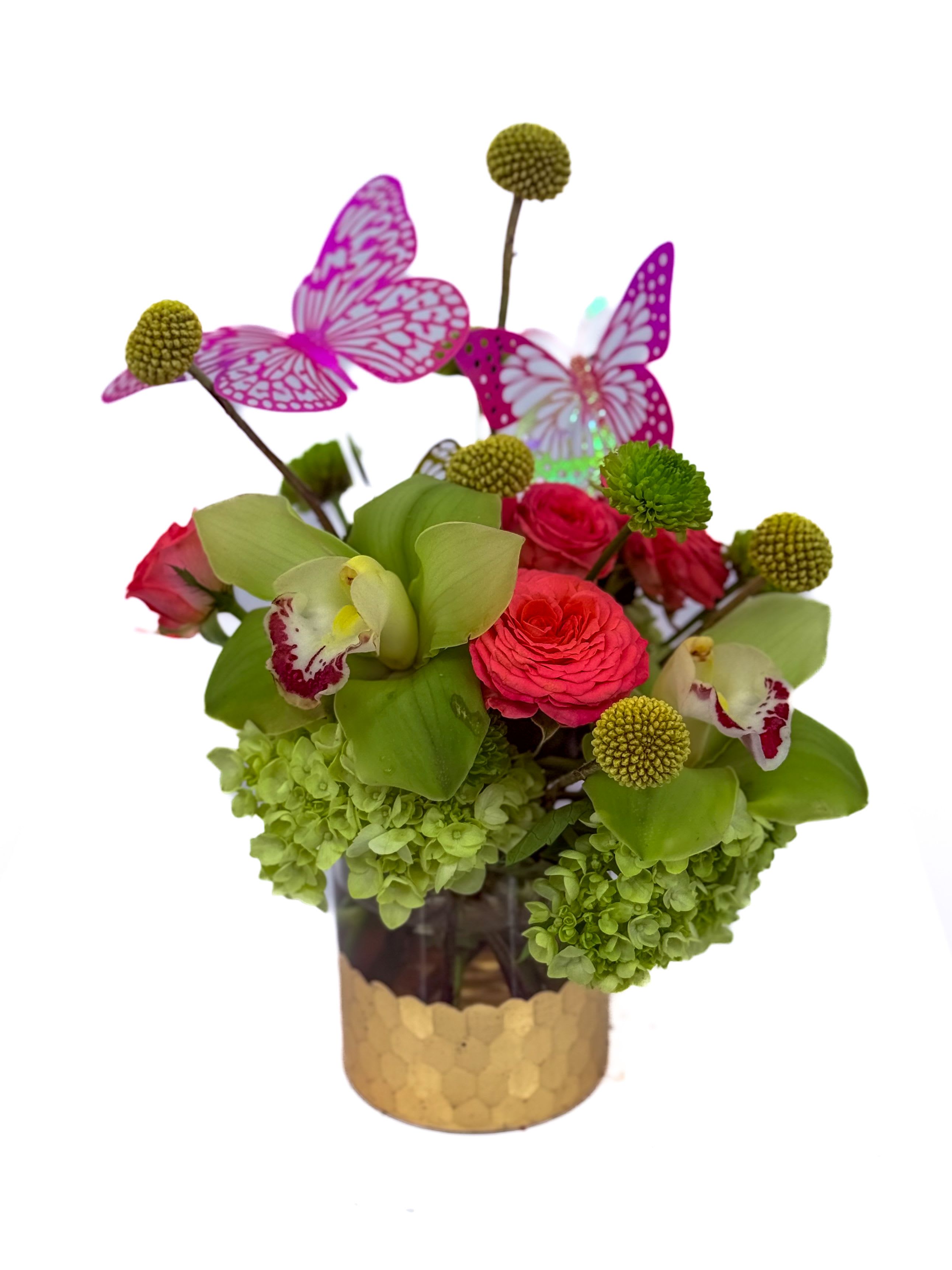 Miss Frizzle   -  Back-to-School Bloom Boost  Celebrate the start of a new school year with fresh inspiration! This cheerful mix of hydrangea, orchids, and roses—topped with playful butterflies—is the perfect way to say “thank you” to a teacher or brighten their first week back. A gift full of encouragement, beauty, and a touch of joy for the classroom or home