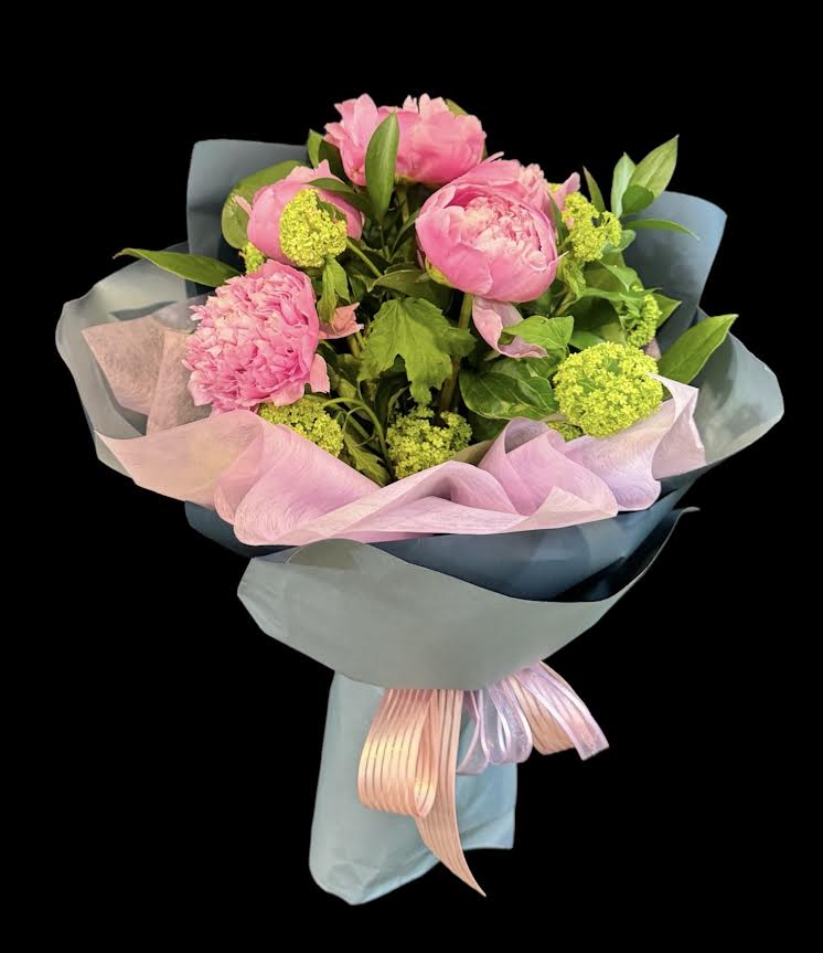 Think of Me Bouquet - Peonies, Green Hydrangea, Greens with decorative color wrapping with ribbon Cut flowers with Crafted decorated Wrapping. Flowers that are high quality, fresh, and beautiful. While we may seasonally need to substitute for flower variety also we may sometimes need to use a different greens for sub material.  