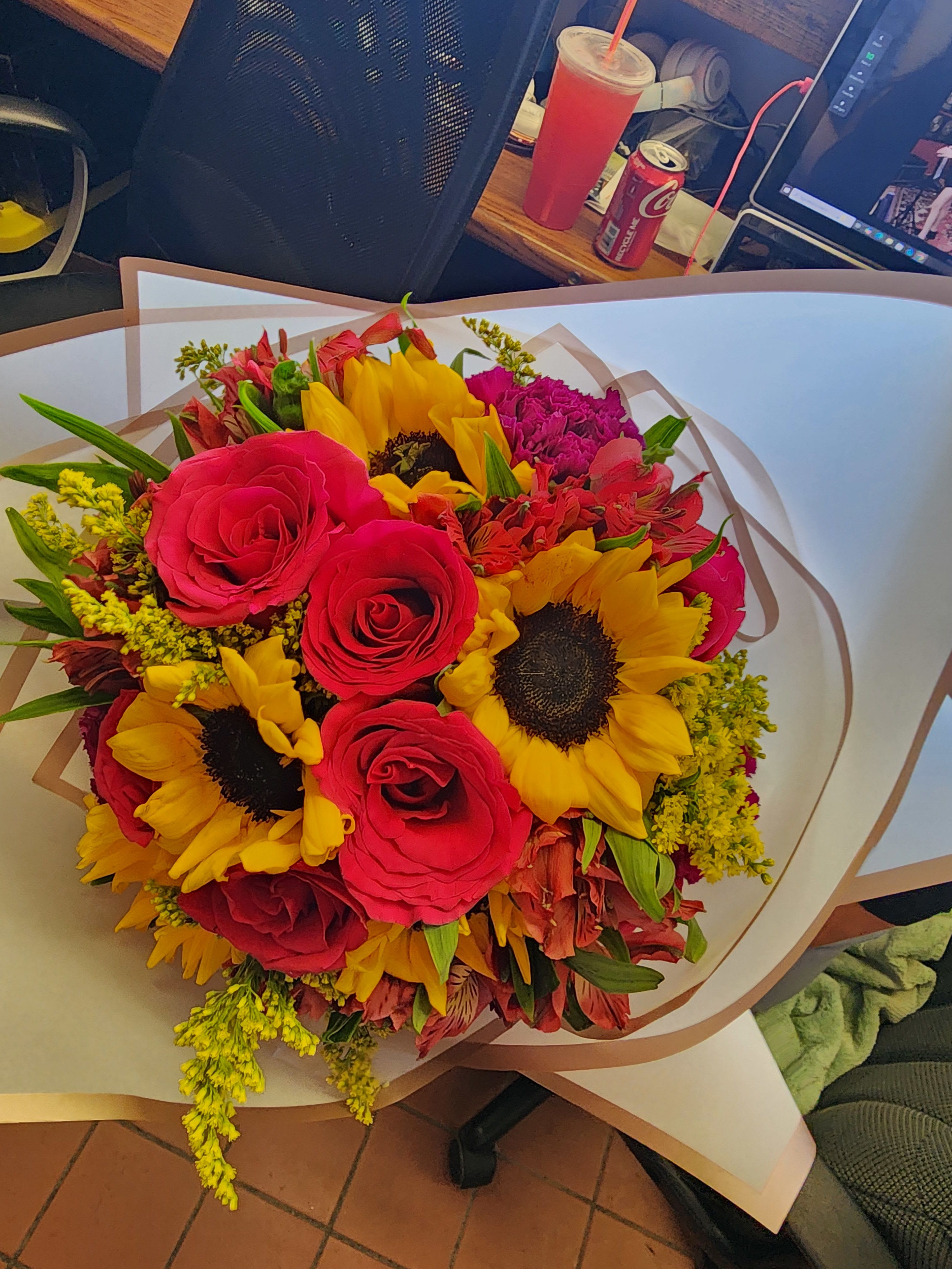 assorted bouquet for a special day - hot pink rose sunflowers alstroemerias