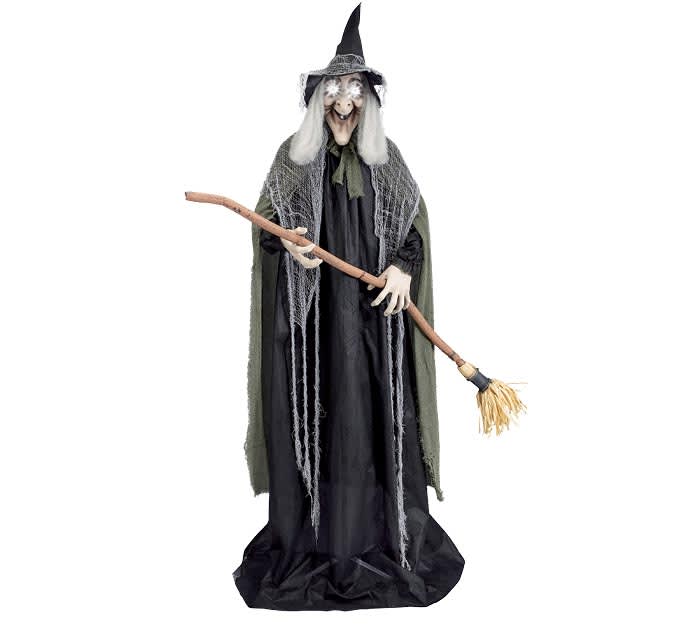 ANIMATED STANDING WITCH WITH BROOM - Large animated witch holding removable/changeable broom on a base. Witch cackles. Moss cover draped over shoulders. Arms are bendable so width can vary. Easy to assemble. Perfect addition to your Halloween decorations. Clap activated.  72&quot;H X 18&quot;W X 12&quot;D