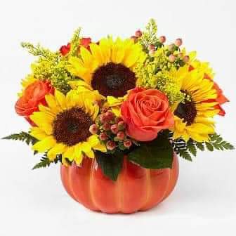 Harvest Pumpkin Harvest Pumpkin - Fall arrangement in a ceramic, matt finish, not shiny finish, pumpkin with fall flowers! Running low, pumpkin ceramic may vary, or have a carved face, also have orange and white striped and black and white striped pumpkins for an unusual look!