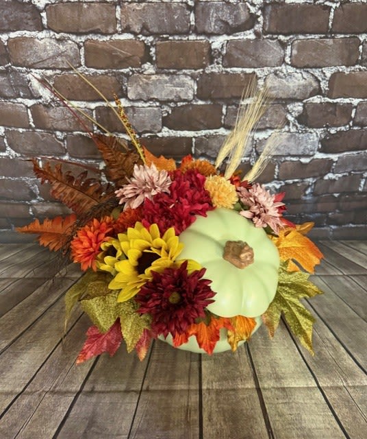 Forever Fall (Silk Flowers) - Beautiful silk flowers that will last forever fill this festive ceramic sage pumpkin.  Perfect for decorating, year after year. Silk flowers may vary in color in arrangements. Approx.  18&quot; W x 17&quot; H