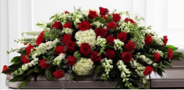 CASKET SPRAY RED AND WHITE CASKET SPRAY RED AND WHITE - A SIMPLE 2 TONE DISPLAY FOR THE CASKET OTHER COLORS AVAILABLE