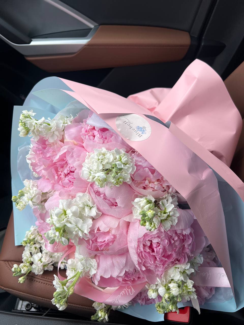 Adelina   -  A delicate blend of blush pink peonies and fragrant white stock flowers  — this bouquet is pure tenderness. Elegant, airy, and full of life, it feels like a quiet morning or a love letter in flowers.  Perfect for thoughtful gifts, special moments, or simply to brighten your space.  20 PEONIES    