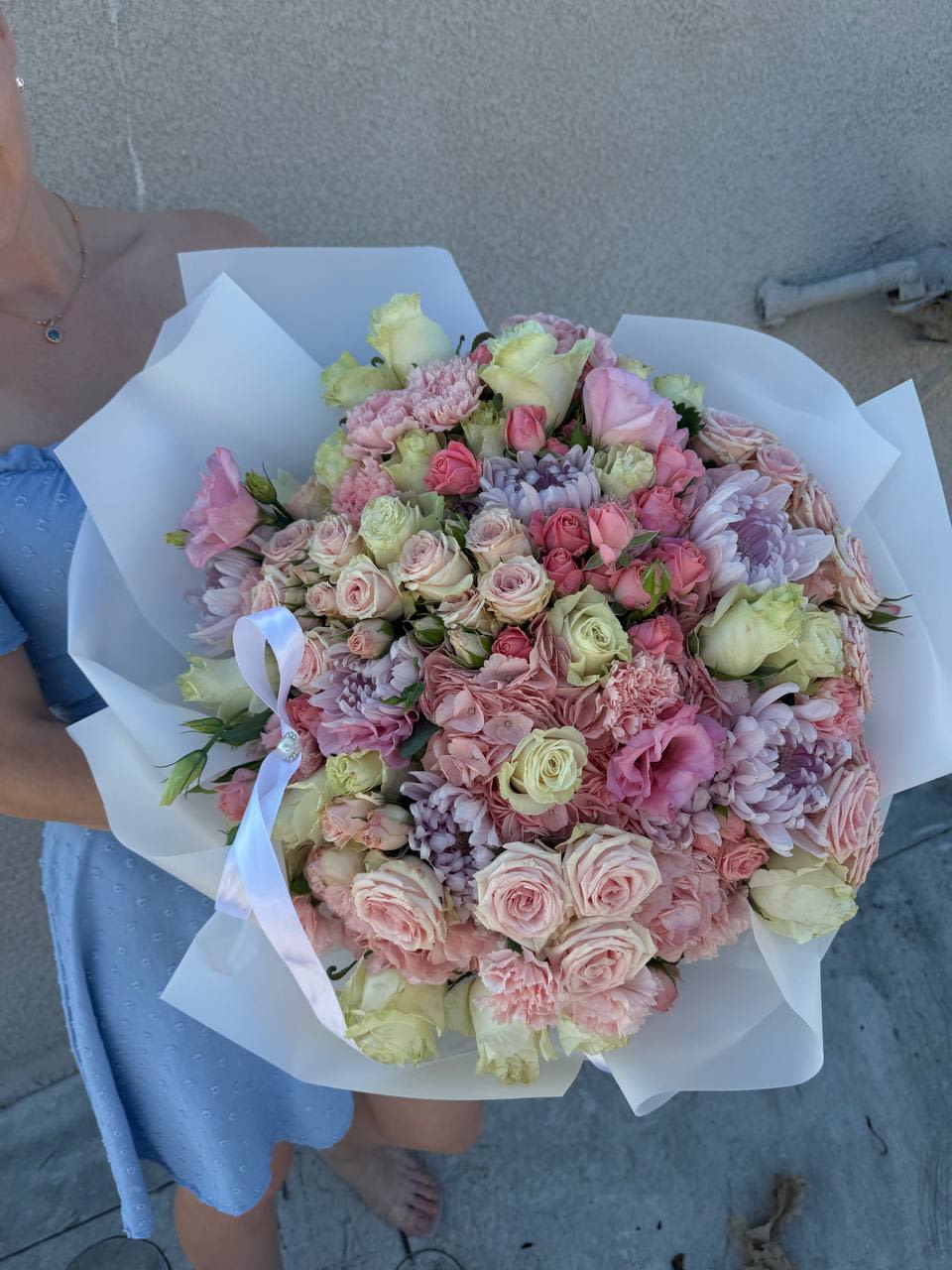 Sweet Dream - “Sweet Dream”  This delicate bouquet in soft pastel shades feels like a fairy-tale dream. It features elegant spray and classic roses, airy carnations, sophisticated lisianthus, lush hydrangeas, and tender chrysanthemums. The harmonious blend of gentle pink, creamy, and peach tones creates a sense of lightness, tenderness, and romance. “Sweet Dream” is the perfect gift to express your deepest emotions and bring joy to someone special.
