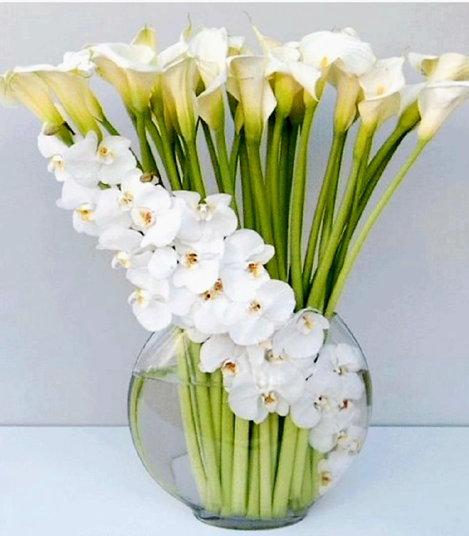 White Orchid Swirl by Pretty in Petals  - Any Occasion Arrangement - Orchids and Calla Lily - CALL BEFORE ORDERING THIS ARRANGEMENT