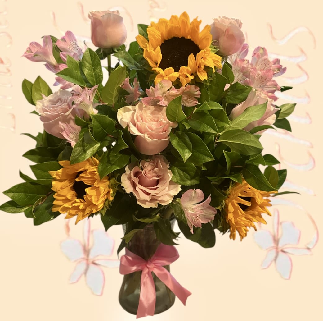 Light Pink Roses  &amp; Sunflower mix Bouquet - Add a touch of light pink to her day with this sunflowers mix bouquet. Available for delivery today, this mixed flower bouquet is created with bright sunflowers surrounded by ligth pink roses and  alstroemerias with floral greens, wrapped with a pink bow, hand delivered to a business or home. This arrangement is a great gift for a birthday, Mother's Day, or any day! 