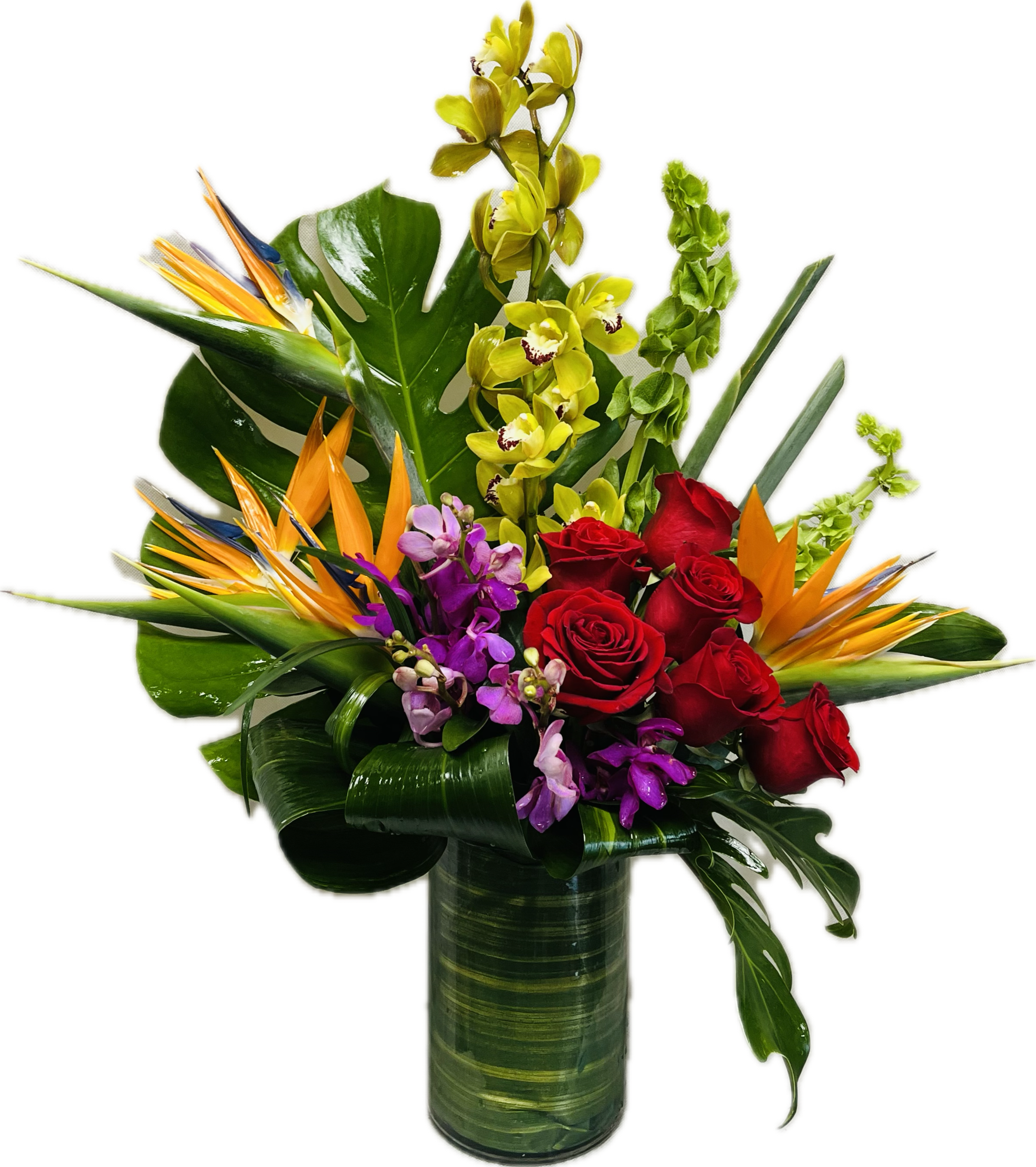 Tropicana Tropicana - Express your fun side with Tropicana. Designed with Birds of Paradise, Purple Dendrobium Orchids, Red Roses, Green Cymbidiums and an Array of tropical foliage.