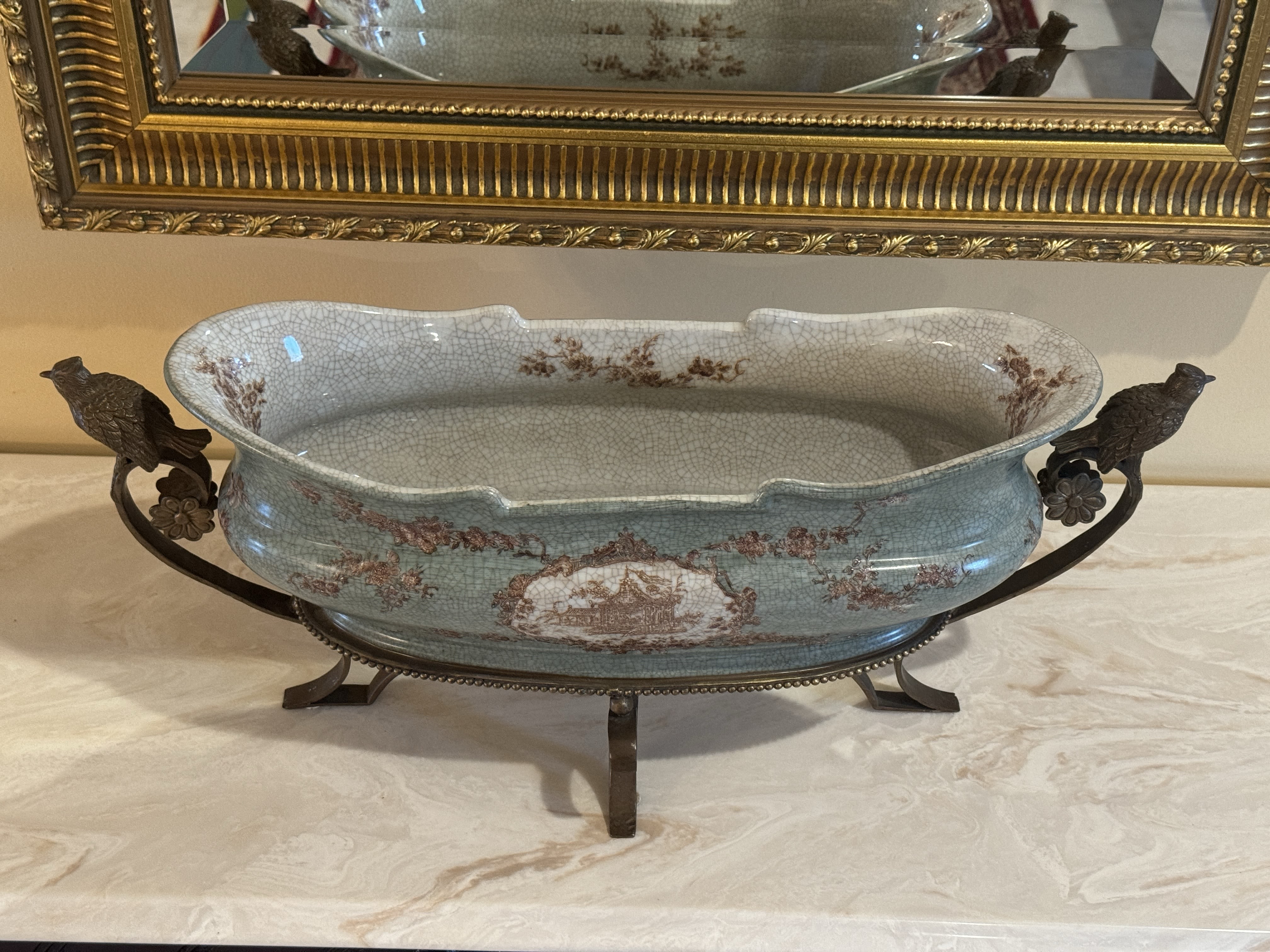 Porcelain Centerpiece Planter Cachepot  - Beautiful Porcelain Centerpiece Cachepot with bronze handles and legs and beautiful detailing. Excellent Condition. Quantity: 1  23 inch long / 9.5 inch tall / 9 inch wide