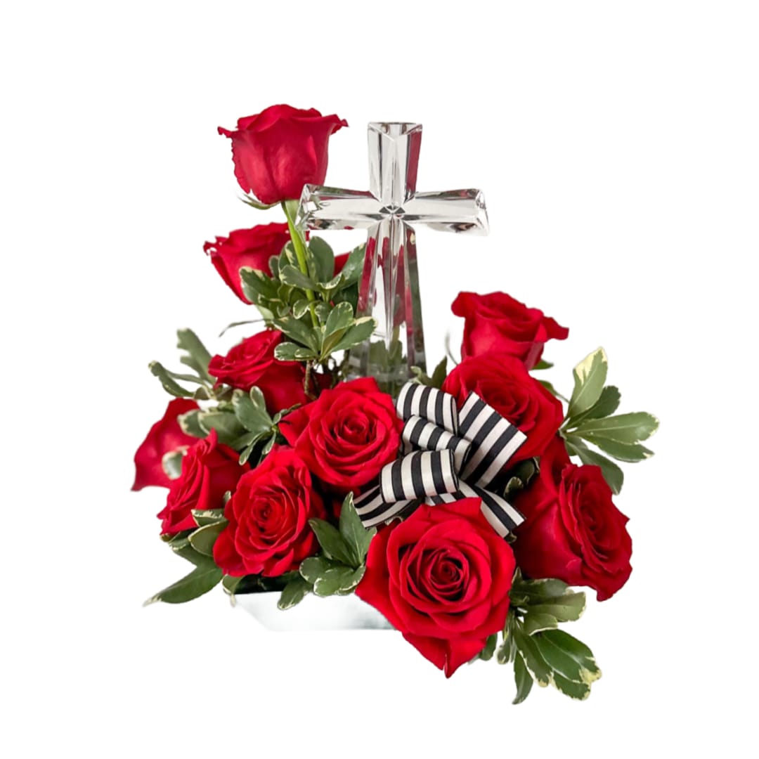 Crystal Cross Rose Tribute  - This crystal cross is a nice sympathy keepsake. It is surrounded by 1 dozen roses in your choice of color!  Please indicate rose color (and bow) you'd like in special instructions when you check out, otherwise it will be delivered as pictured. 