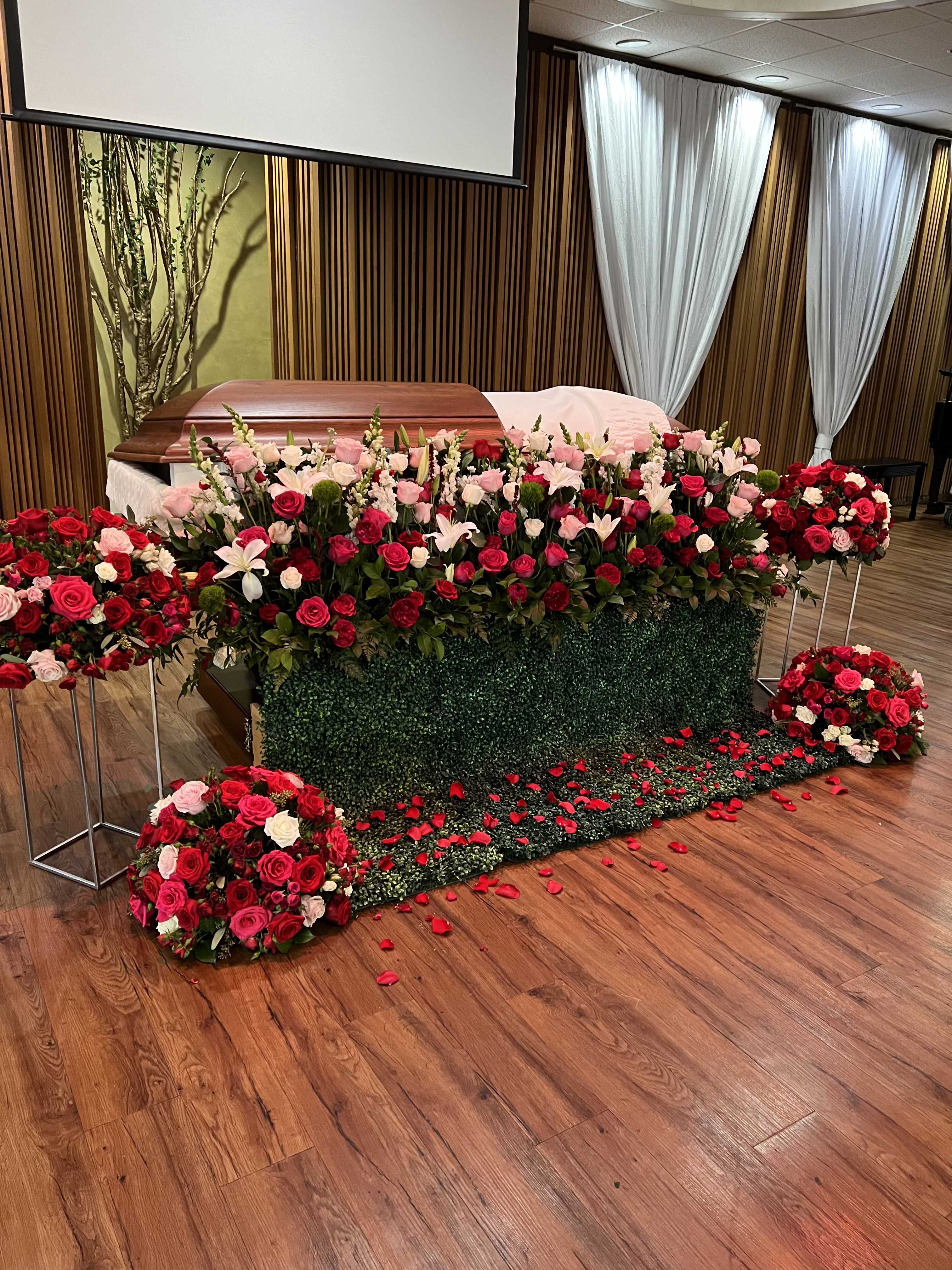 Sunrise Tribute Arrangements Set - Set in Hot pink, pink tones and greens, reflecting hope, light, and cherished memories.