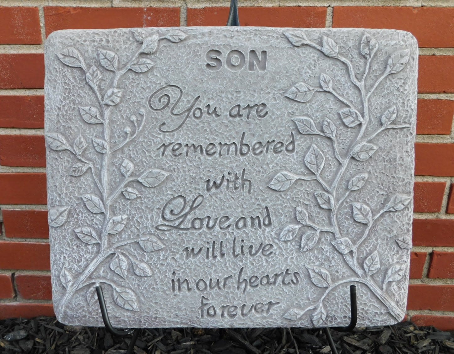 Son, you are remembered concrete plaque - &quot;Son you are remembered with love and will live in our hearts forever&quot; concrete plaque for grieving family or friends. 16&quot; 