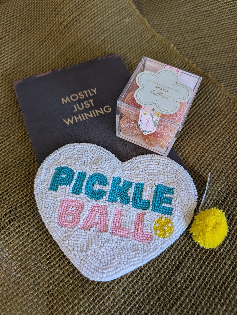 pickleball zipper change purse + &quot;just whining&quot; journal goodie bag - A cute bedazzled sequined pickleball change purse with a &quot;just whining&quot; notebook (we could all use one of those). Comes in a clear tote tied off with a pink bow. Makes for the perfect little add on!