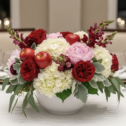 Rosh Hashanah By Black Cat Florist Rosh Hashanah By Black Cat Florist - This stunning centerpiece features a rich mix of upscale flowers, including white hydrangeas, lush red garden roses, and delicate pink peonies. The arrangement is accented with vibrant red apples and the soft, silvery-green leaves of silver dollar eucalyptus, all beautifully arranged in a classic white ceramic bowl. This design offers a sophisticated and abundant look, perfect for any special occasion.