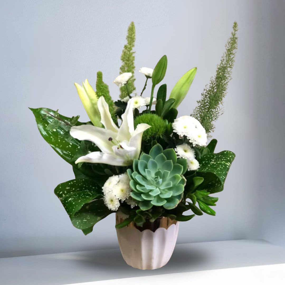 Iceland - Type of Flowers: White Oriental Lilies, White Chrysanthemums, Tropical Leaves, Green Succulent, and Greens in a white ceramic vase with gold trim. VASE NO LONGER AVAILABLE WILL SUBSTITURE FOR SOMETHING SIMILAR. Availability: All year round Substitute Available: Yes Design View: Symmetric Front Facing View Photo shown: Regular 