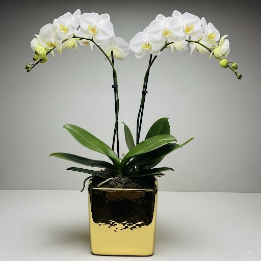 Olivia By Black Cat Florist Olivia By Black Cat Florist - This elegant arrangement features a double-stem orchid plant in a striking square gold ceramic container. The graceful orchid boasts two tall stems, each adorned with a cascade of delicate blossoms. The luxurious gold container provides a beautiful contrast to the flowers, creating a sophisticated and timeless display.