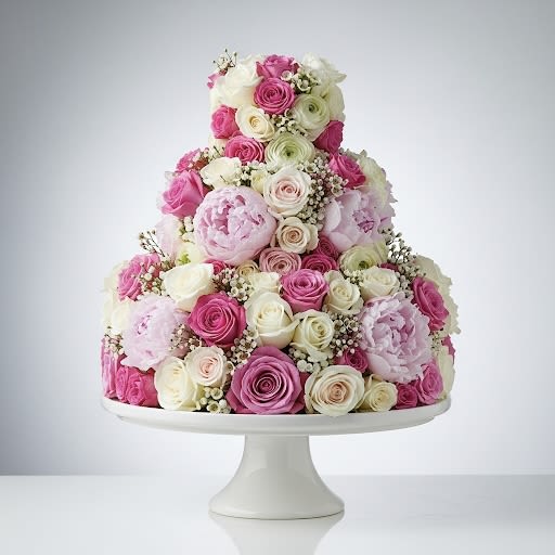British Royal Cake By Black Cat Florist  - Our “British Royal Cake” is designed for a celebration fit for royalty. This magnificent three-tiered floral sculpture, crafted from a luxurious mix of pink and white roses, peonies, and ranunculus, is crowned with a beautiful, sparkling crystal rhinestone tiara (add your preferred color on the order note). The combination of fresh blossoms and the crystal crown creates a sophisticated and royalty-like centerpiece. It's the perfect statement piece for an adult birthday, 100 years birthday, quinceañera or a queen's coronation celebration.  We build each of our floral cakes on a real ceramic cake stand, which serves as a beautiful base for the flowers and as a treasured keepsake for you. When the spell of the flowers fades, you are left with a stunning stand to use for your own celebrations, creating a cycle of beauty and joy.  The Cake comes with a greeting card and its own thickened stainless steel cake cutting set - a touch of enchantment you can carry from blooms to your own sweet celebrations.  * Want a spell that never fades?  We can recreate this exact arrangement for you using our exquisite, handcrafted silk flowers. Each petal is so real to the touch, you'll swear they were just picked from our magical garden. A timeless masterpiece of art and beauty that will last a lifetime.  Contact us today to inquire about your forever flowers!