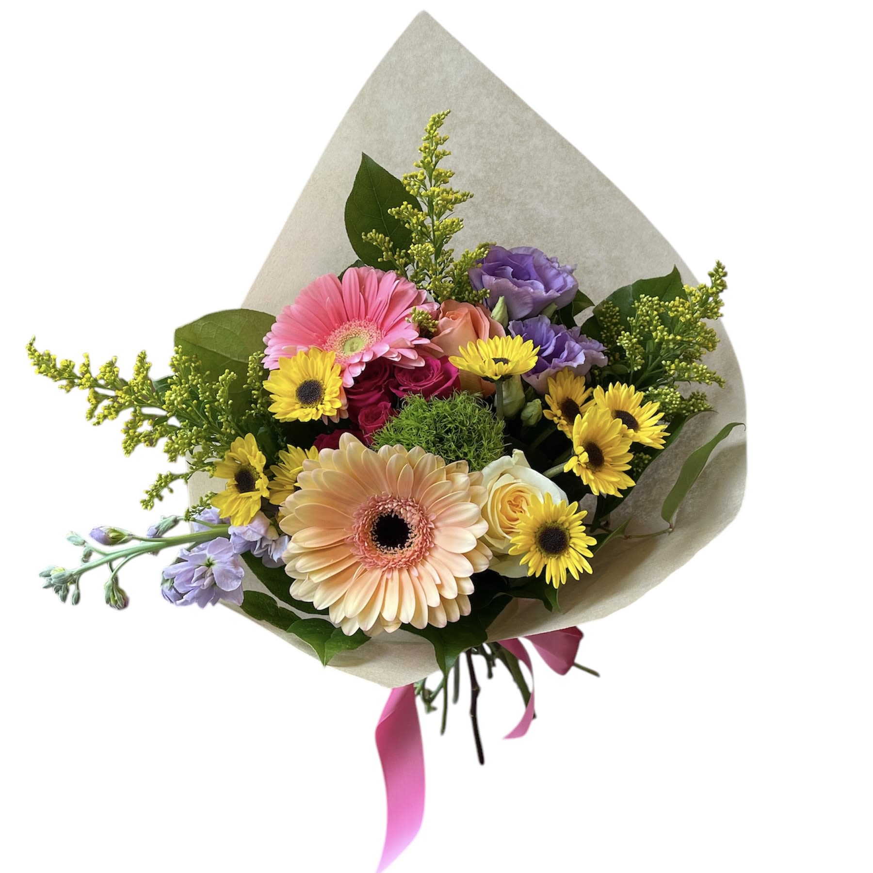 End of Summer Wrapped Bouquet End of Summer Wrapped Bouquet - Gerbera daisies, roses, dianthus, lavender Lishanth's, spray rose, stock and pompoms wrapped in paper with a bow. NO VASE INCLUDED