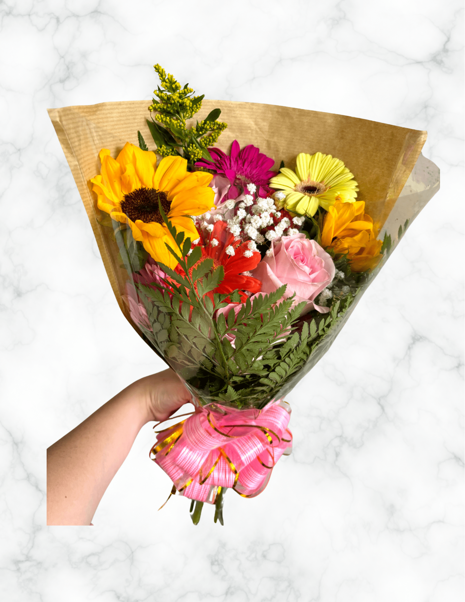 Mixed Small Bouquet Mixed Small Bouquet - Mixed flowers bouquets, mix of flowers such as sunflowers, carnations, gerberas, roses, and assorted greenery. COLORS AND TYPE OF FLOWERS MAY CHANGE DEPENDING ON AVAILABILITY, THIS IS A MIXED MINI BOUQUET WHICH IS NOT GOING TO BE SPECIFIC OR IDENTICAL TO THE PHOTO ABOVE Great for the budget friendly