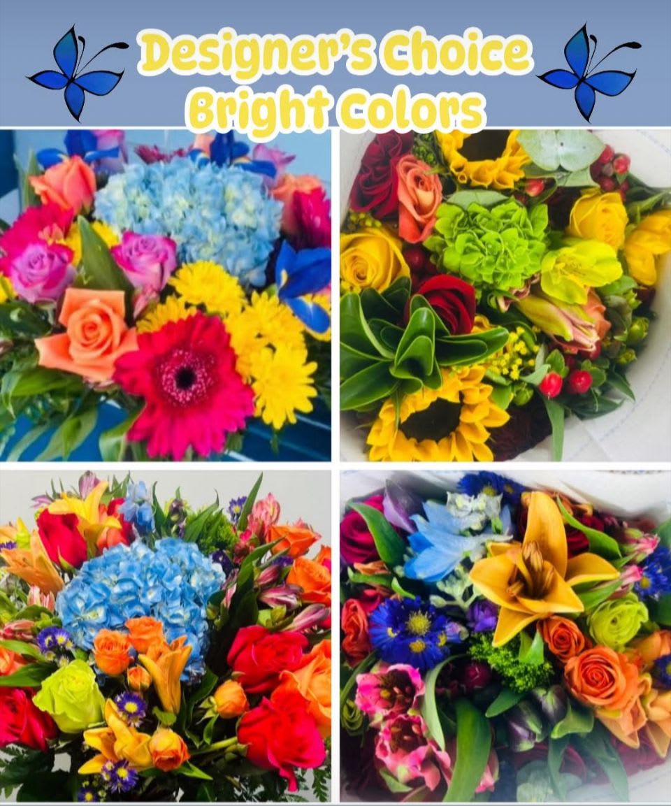 DESIGNER’S CHOICE Bright Arrangement! - DESIGNER’S CHOICE Bright Arrangement!  Beautiful Florist Design with Bright Colors, finely selected flowers in an 8” clear vase for the right value and quality.