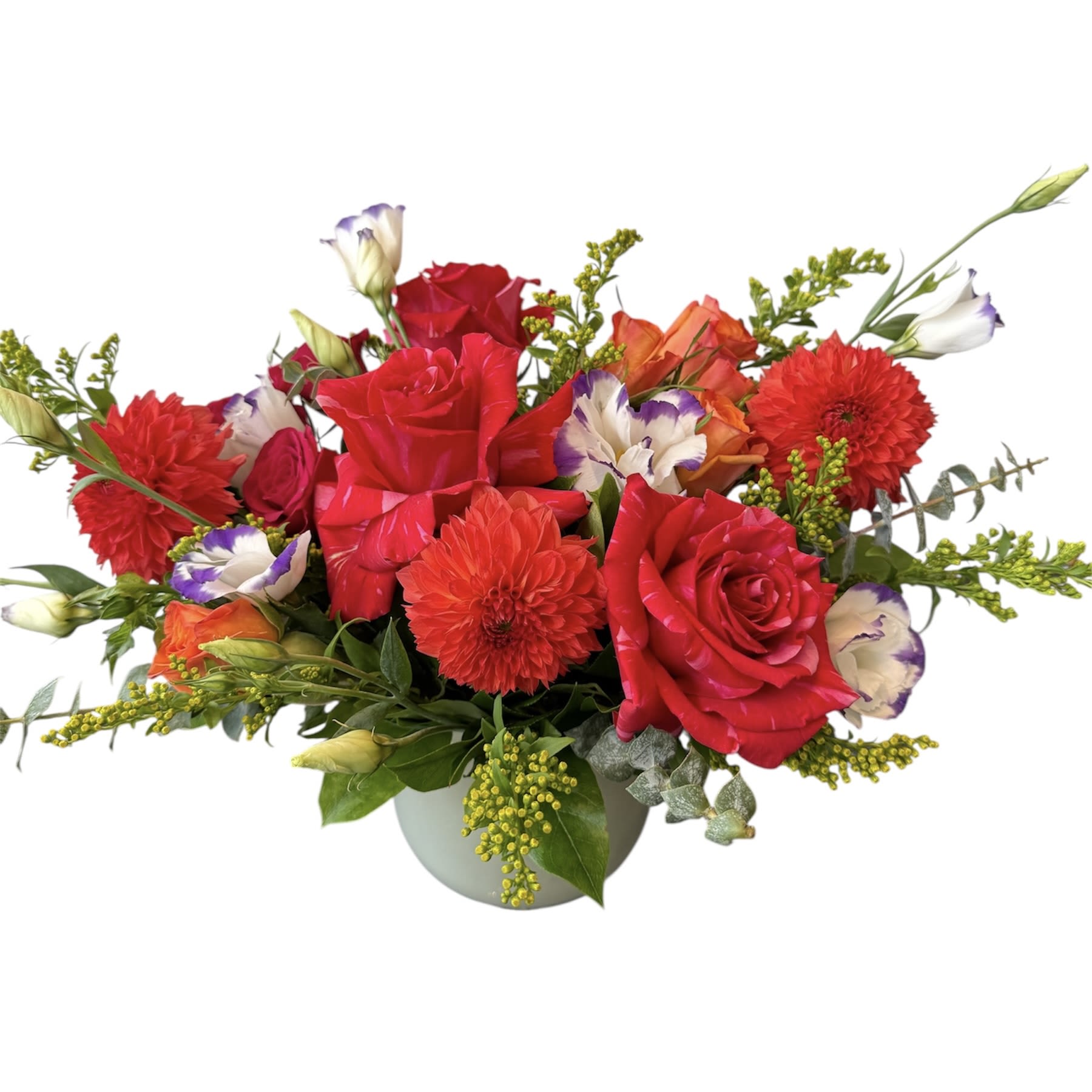 Summer Loving Summer Loving - Red roses, orange dahlias, orange spray roses, hot pink spray roses, lisianthus, yellow filler and eucalyptus designed in a glass vase. As shown in photo.