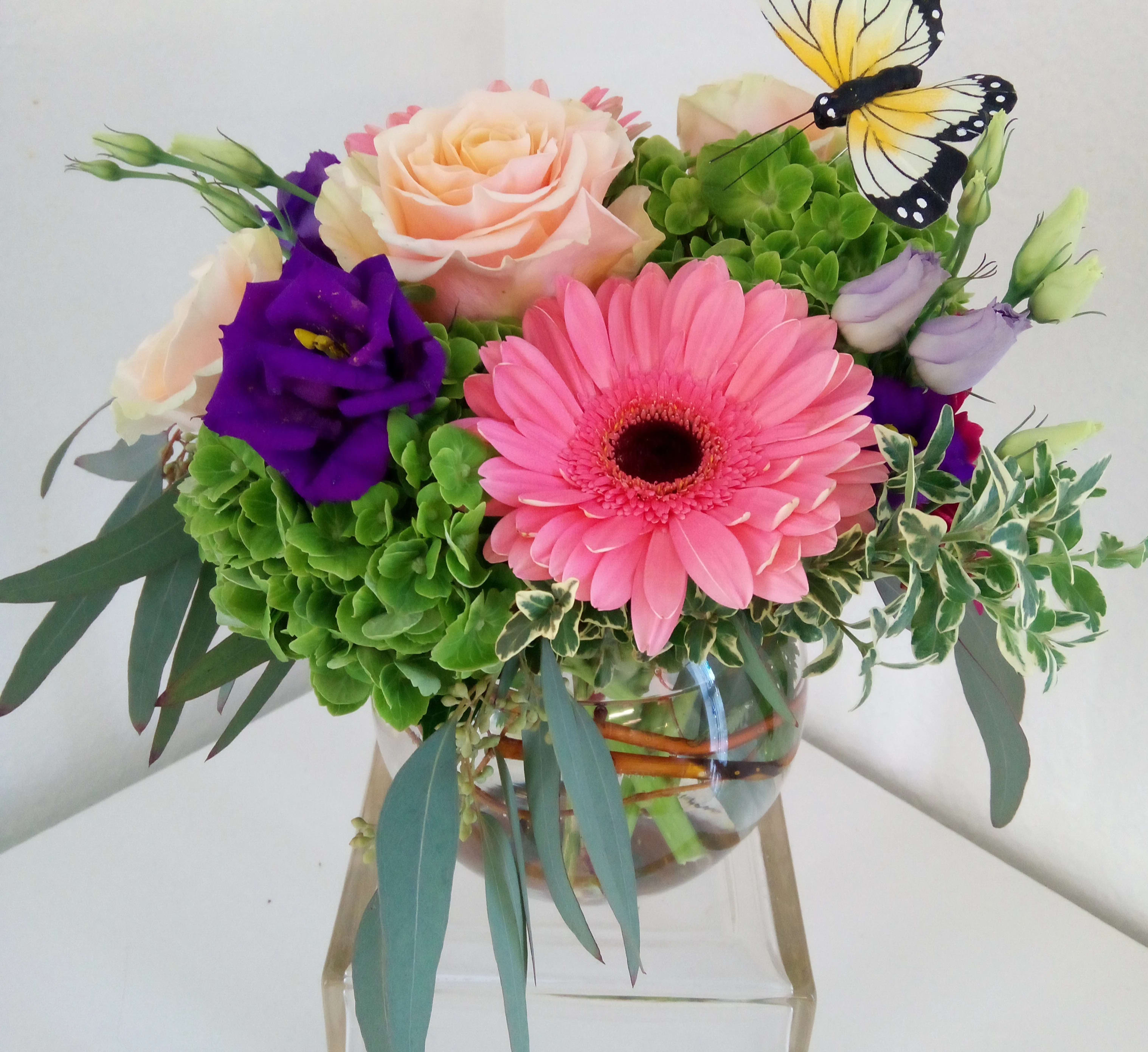 Goodness Gracious - A bubble bowl filled with colorful roses and gerberas 