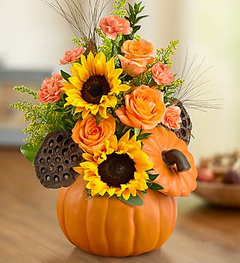 Autumn Pumpkin Arrangement - A ceramic pumpkin is filled with a variety of fall flowers.  Flowers may not be the exact same ones as the picture depending on what we have in stock.