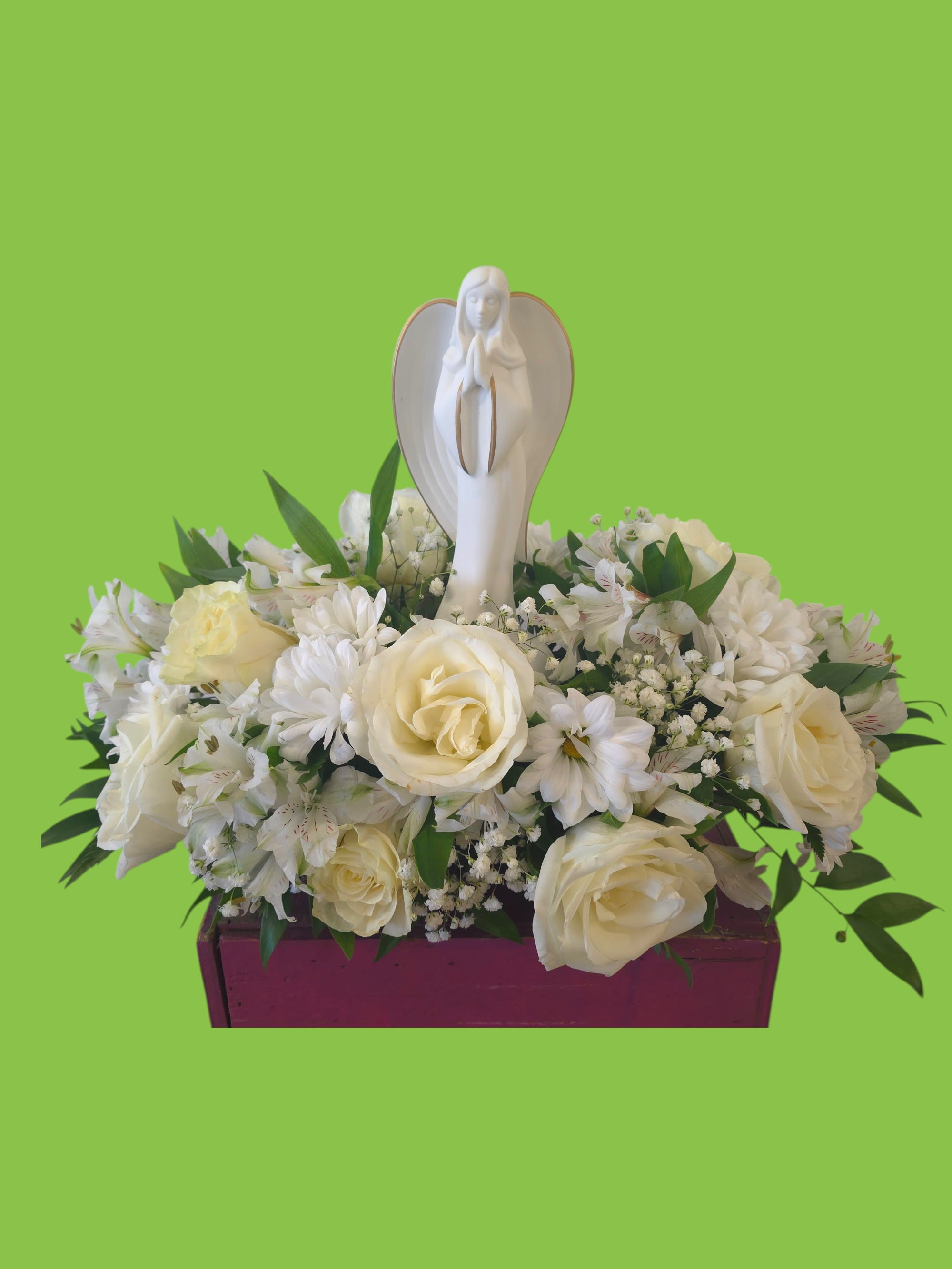 Guardian Angel Guardian Angel - send deepest thoughts & sympathies with this beautiful white arrangement with guiding Angel set on top.