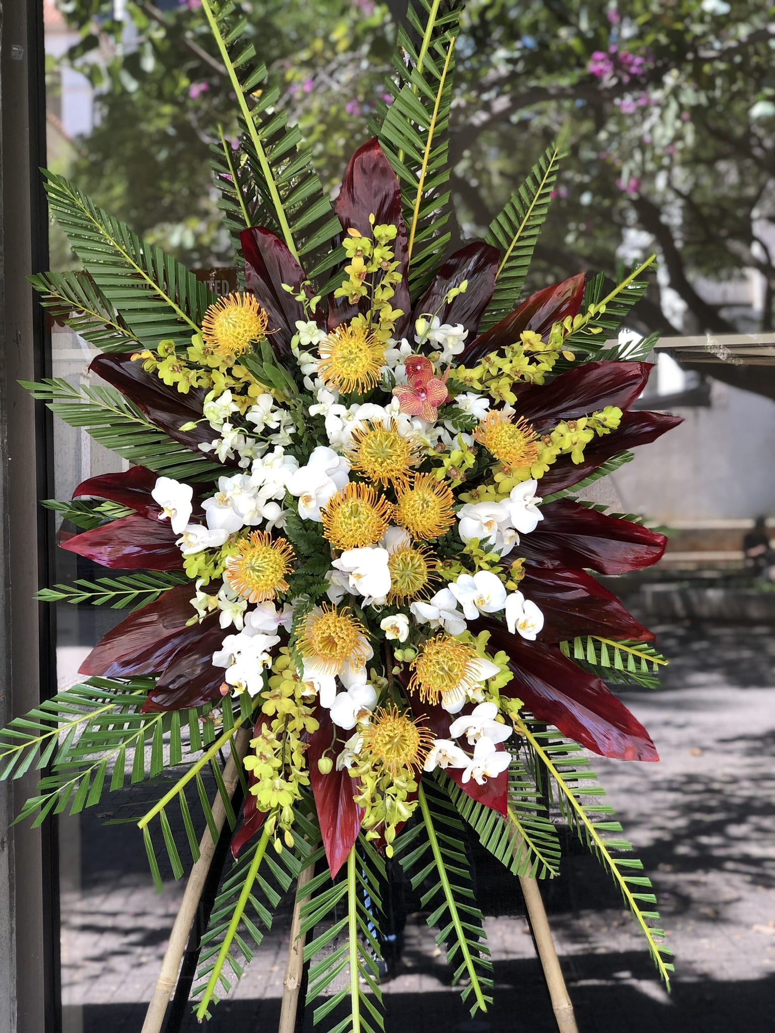 Tropical Medley - W60080 - Red ti leaf with pin cushion protea stylized with phalaenopsis orchids. 