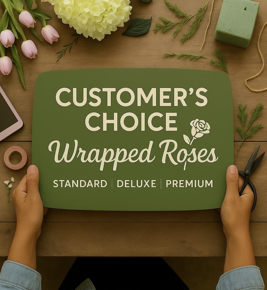 Customer's Choice — Wrapped Rose Bouquet Customer's Choice — Wrapped Rose Bouquet - A luxury wrapped bouquet featuring premium roses only. Customers can select their referred color palette and overall theme. Perfect for when you want the classic romance of roses, tailored to your taste. NOTE: Please let us know your color preference and theme if applicable. (If no notes are provided, the florist will select the most beautiful roses available in a luxury wrap — tailored to the card message.)