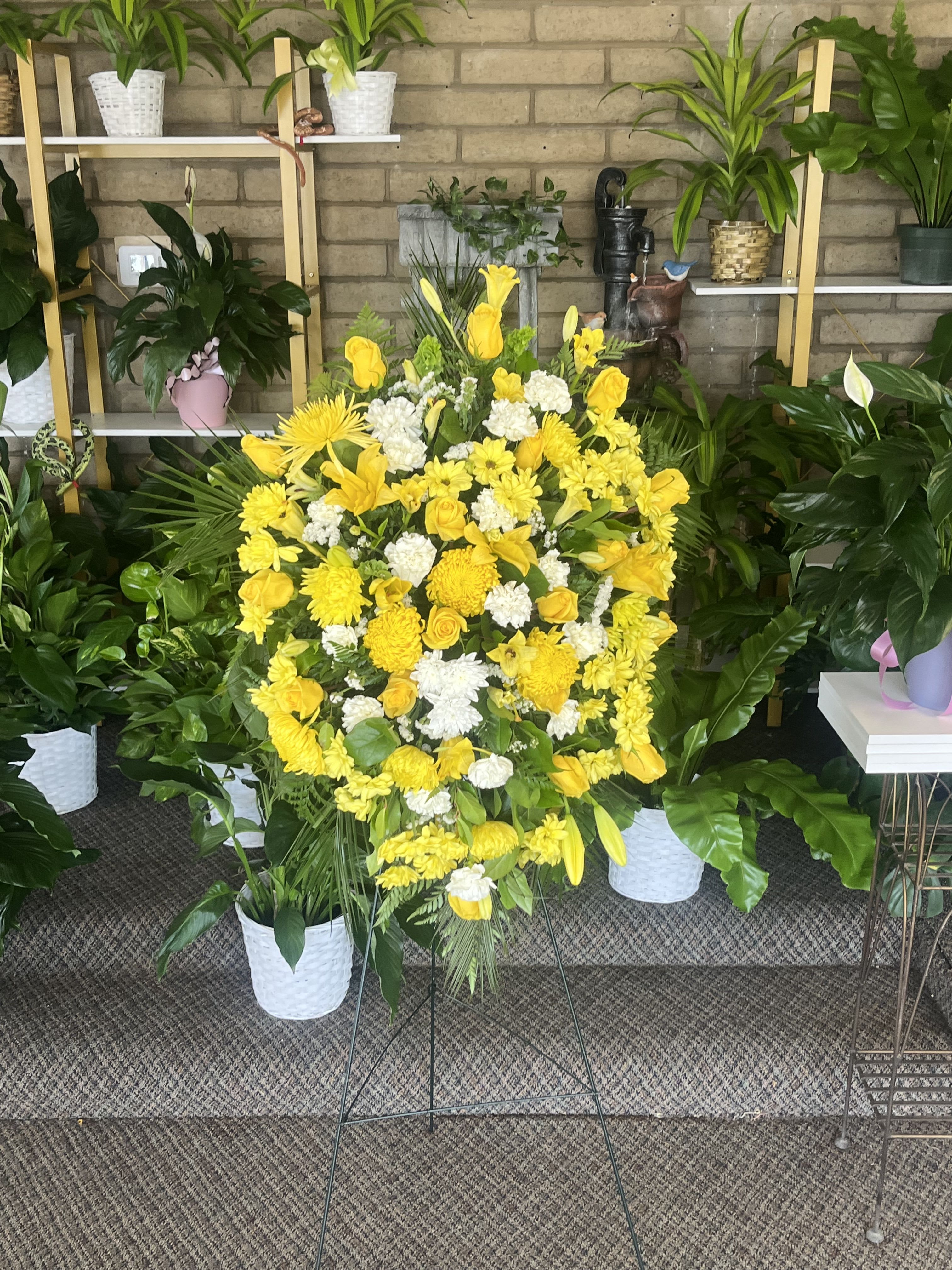Yellow &amp; White Standing  Spray  - fresh white and yellow floral mix , arrangement comes with banner add  message to other