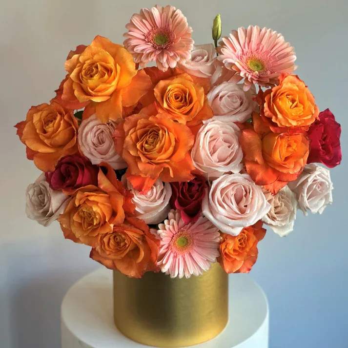 #11 Sunset - Sunset with love and attention to every detail. We create for you: tenderness, passion, reverent recognition, gratitude and respect, congratulations on an important event, first impressions, and much more.  Seasonal flowers can be replaced with a similar one. Boxes, vases and baskets can also be replaced with others. 