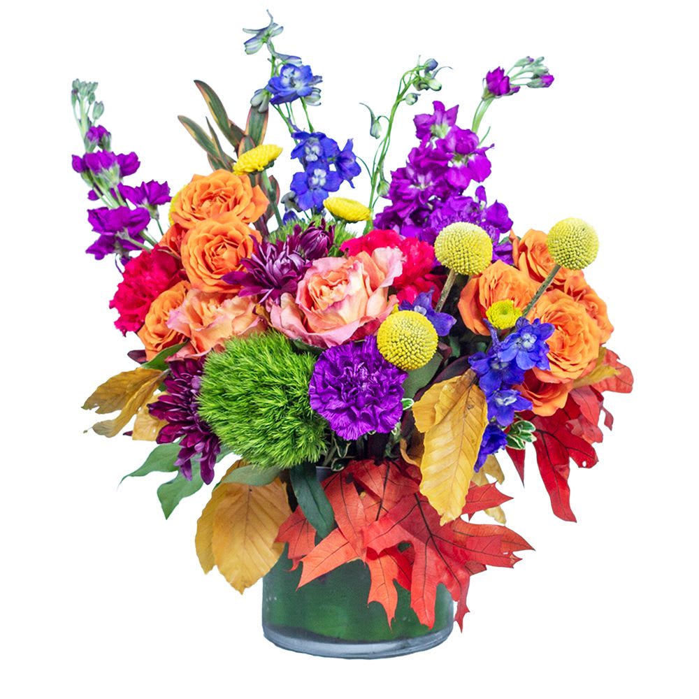 Happy Fall Y'All - TMF-1434S Happy Fall Y'All - TMF-1434S - What is better than a down home greeting? Happier Fall Y'all with have them smiling from ear to ear. A clear cylinder vase is filled with fun roses, carnations, and mums to greet the recipient. Approximately 15"W X 16"H