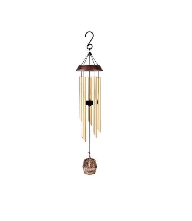 30&quot; Family Medallion Windchime  - Chime tubes are a shiny golden-color aluminum with an angle cut. The medallion on the chime reads &quot;A part of our family may be gone, but their memory lives on&quot; Wind Chimes are gift wrapped for $77.50. They can be displayed on an easel with a small floral arrangement for $117.50.