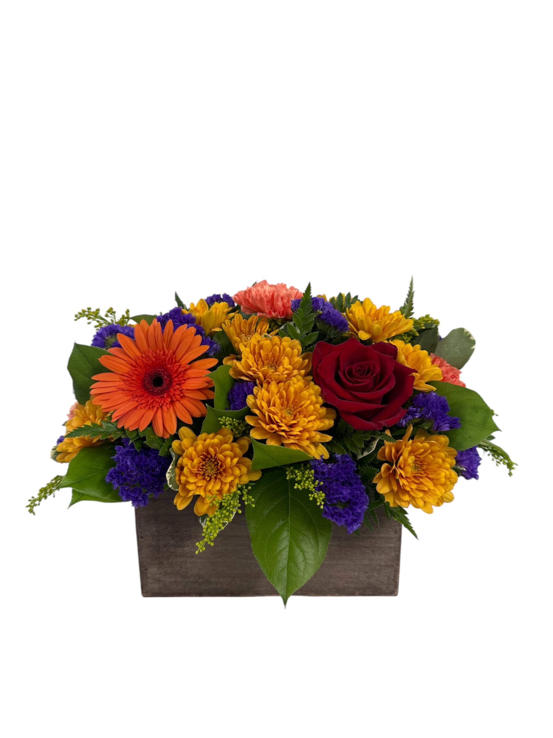 FALL EMBER - Perfect for your table, a fall mix consisting of mums, roses, and carnations delivered in a rectangular box.