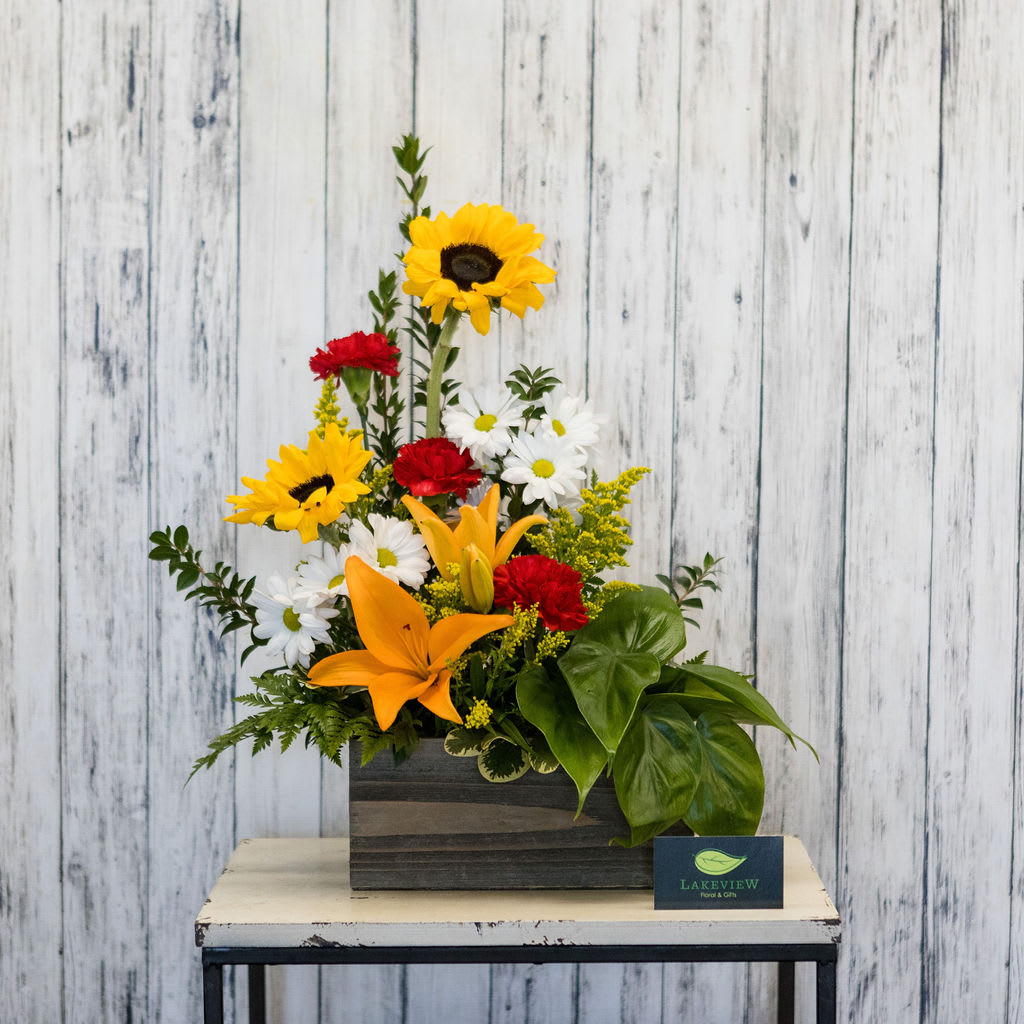 Dual Dual - 4" philodendron plant and a beautiful fresh arrangement combination in a wood box. Arrangement contains sunflowers, carnations, white daisy, and orange Asiatic Lily.