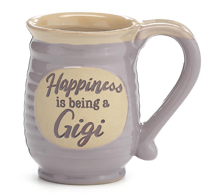 GIGI mug 14oz GIGI mug 14oz - Details Dishwasher safe/FDA approved/Microwave safe. Hand-painted lavender ceramic mug with a raised emblem. "Happiness is being a Gigi" message on the front. Interior is tan and handle is lavender. Individually gift boxed. 4.5"H x 5.5"W x 4"D 3"Opening. Capacity 14oz.