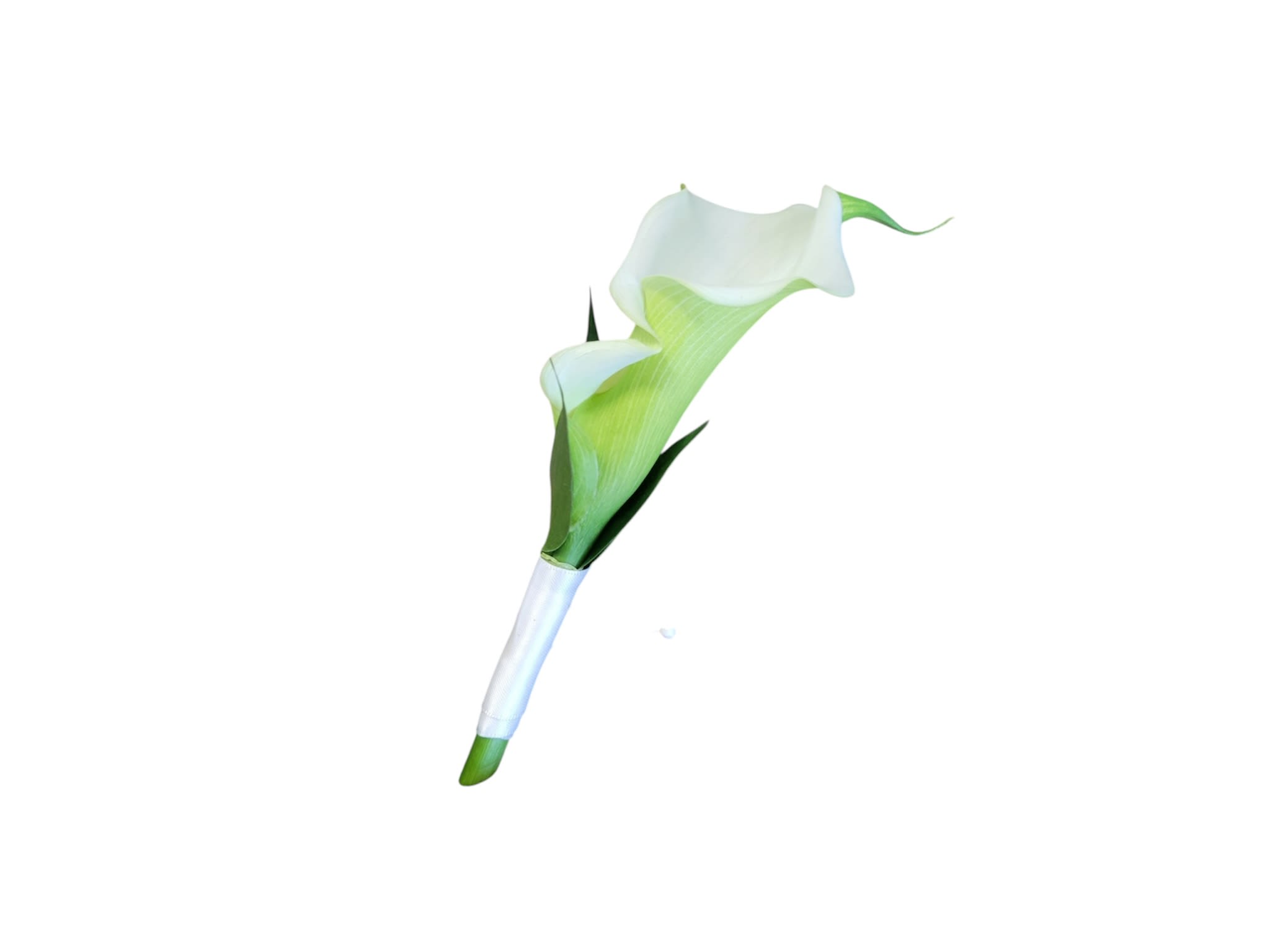  White Calla Boutonniere - The White Calla Boutonniere is the picture of elegant  sophistication. A single white minicalla lily is chosen for its  absolute perfection wrapped in white satin. 