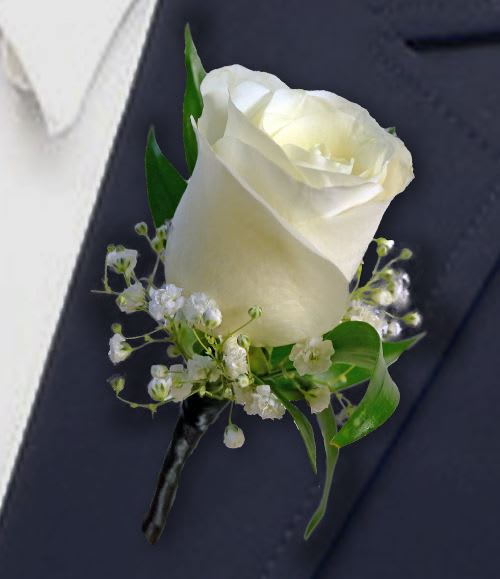 Rose Boutonniere (Customizable) - A classic boutonnière that compliments any suit. A perfect addition for any prom, formal, or wedding event. Available colors: White, Red, Pink, Yellow, Lavender, and Orange. Available with a single rose (Standard) or double rose (Deluxe). 