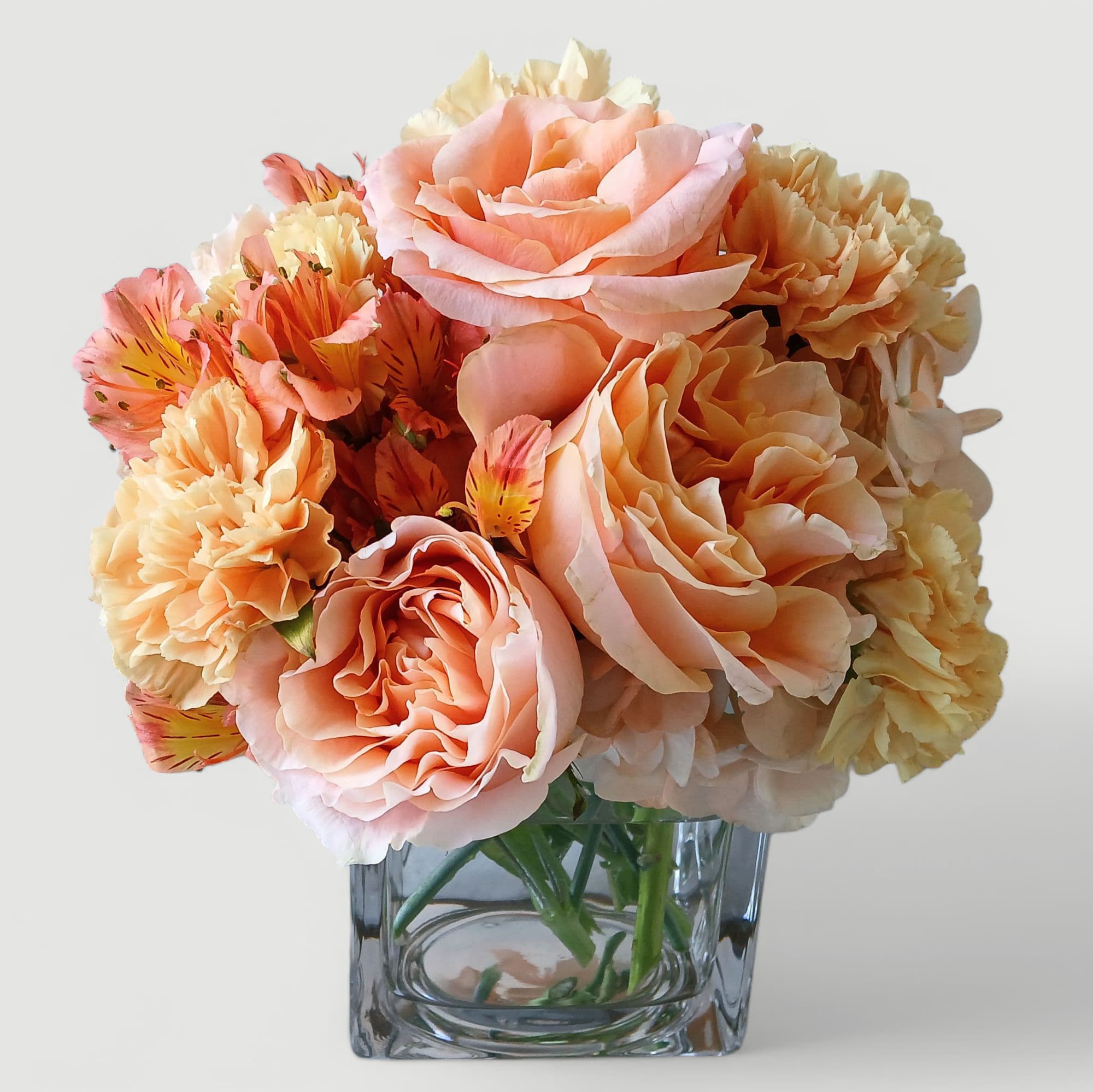 You Are A Peach - Pretty peach blossoms roses carnations and more arranged in a modern glass cube style vase. Perfect to send today for every reason. Send them happiness.