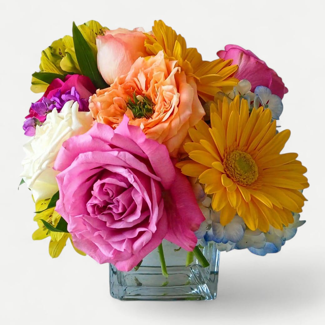 Sweet Beauty Bouquet Sweet Beauty Bouquet - Send this pretty flower design today to make them smile with it's lovely mixed colorful cheerful blossoms; roses, hydrangeas, daisies, stock and more arranged in a modern glass cube style vase. Simply beautiful and perfect to send for every occasion. All of my bouquets are always made extra special each time. Flower delivery to local South Jersey towns like Haddon Township, Haddonfield, Cherry Hill, Moorestown, Marlton, Mount Laurel. Send them happiness.