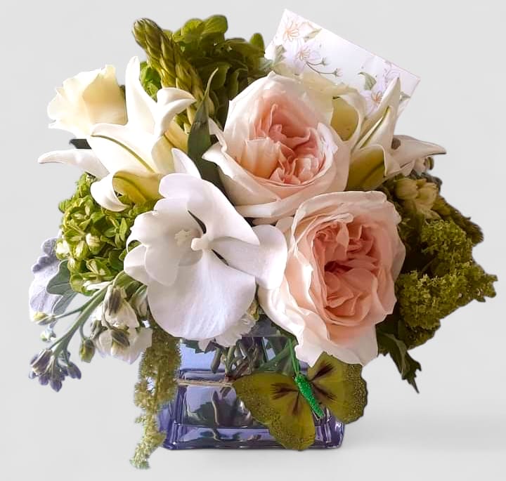 Little Cutie Bouquet Designer's Choice - Roses orchids and more arranged in a modern glass cube vase. Pretty and perfect to send today to make them smile. Always made extra special and unique each time. Send them happiness. 