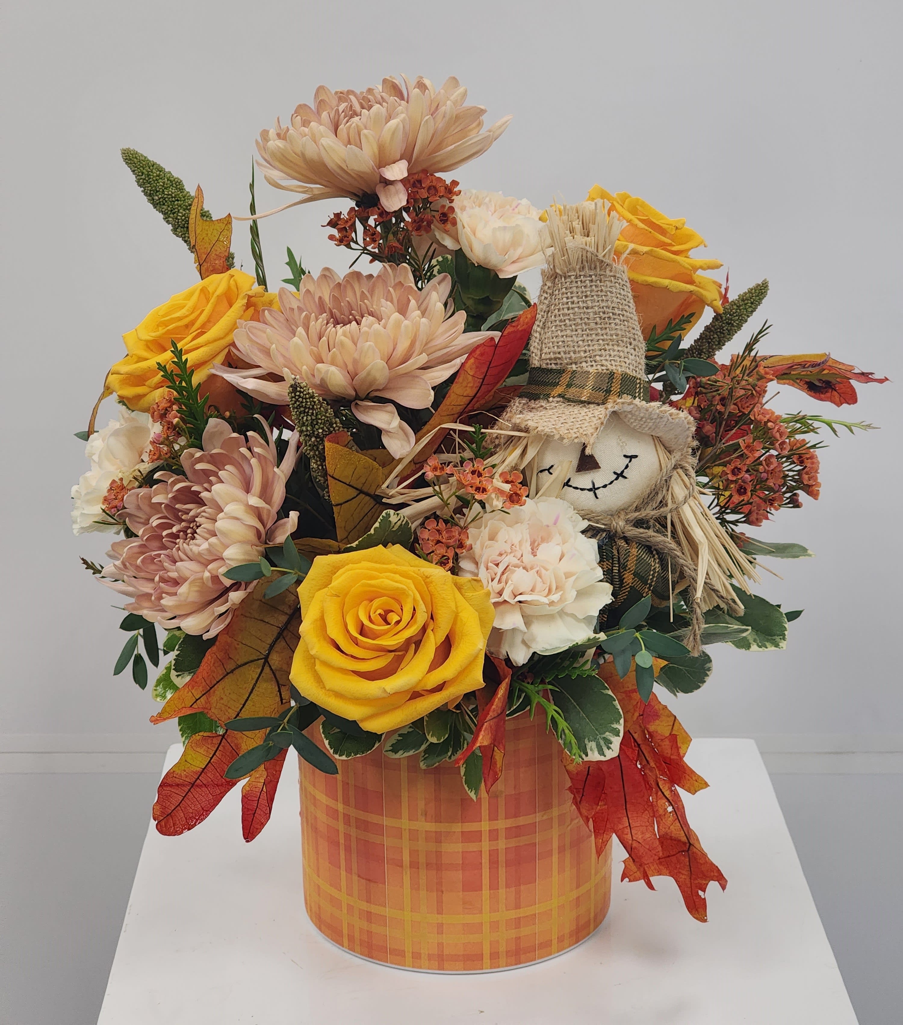 Corn Fields Corn Fields - Select this beautiful fall arrangement in a plaid ceramic container featuring a mini scare crow! Approximately 14.5" tall, 12" long, and 9" wide.