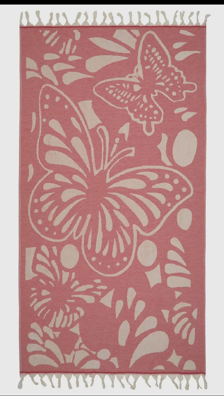 Pink Butterfly Turkish Cotton Towel  - 100% Turkish Premium Cotton with Terry details.  Fast drying- thanks to the unique weave technique and 100% natural premium cotton it dries super fast.  Super portable- great for travel and beaches, it fits easily into a small luggage and beach bag.  Machine washable - Cold Wash and tumble dry at low temperature is recommended.