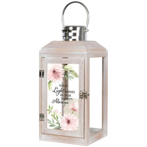 &quot;Light Shine&quot; Lantern - Our Memorial Lanterns are made from quality composite wood and a stainless steel copper finish top. They feature a built-in automatic timer which runs for 6 hours on and 18 hours off. Batteries Included. Suitable for hanging or free-standing use inside or outside. Recommended as an accent in floral arrangements for many occasions! Deluxe: Includes silk topper Premium: Lantern sat in bed of fresh greenery   W: 5.375&quot; H: 14&quot; D: 5.5&quot;