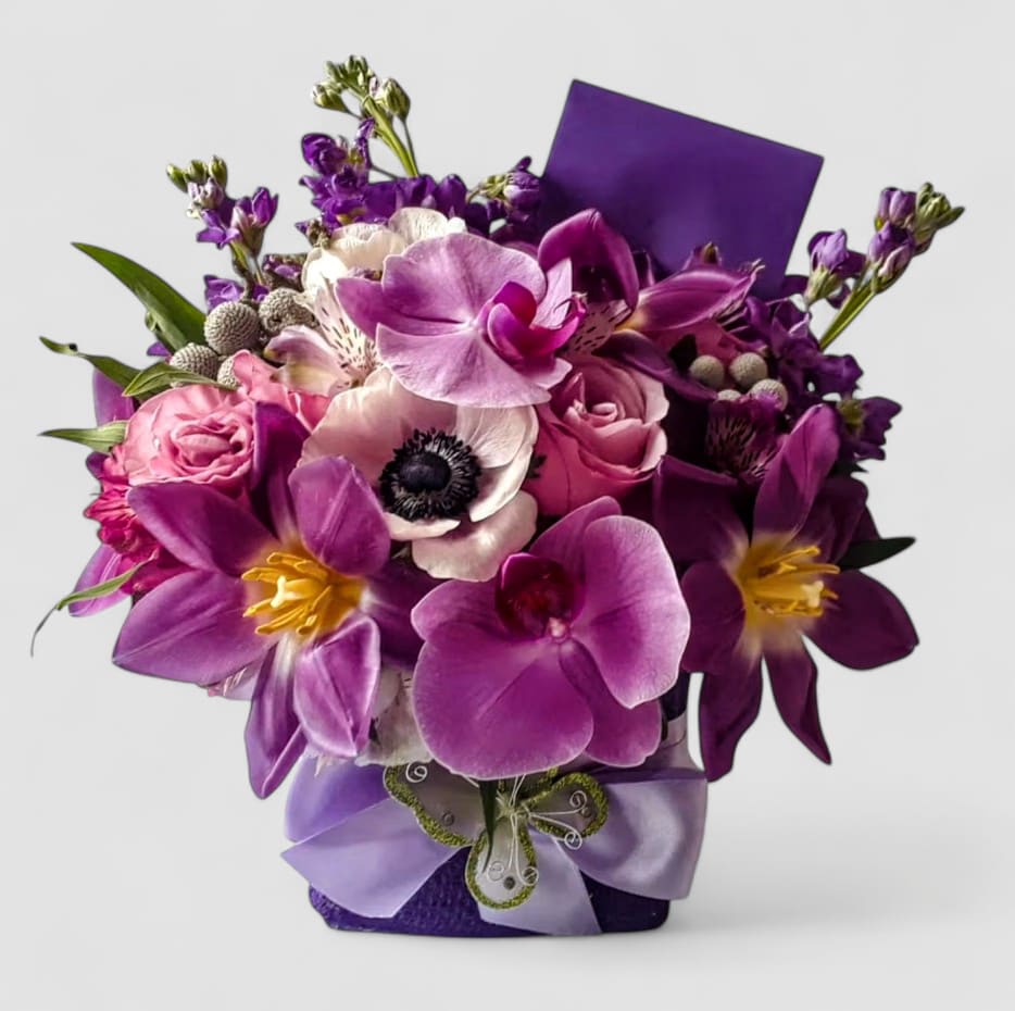 Violet Blossoms Orchid Happy Birthday Beautiful Bouquet Designer's Choice  - Made unique and different each time from my beautiful violet blossom selection of that day roses orchids and more arranged in a modern glass cube vase wrapped in beautiful violet jute ribbon. Perfect to send for every occasion to show them how much you care. All fresh flower bouquets that leave my flower shop studio are beautiful one of a kind works of art made special each time. Send happiness.