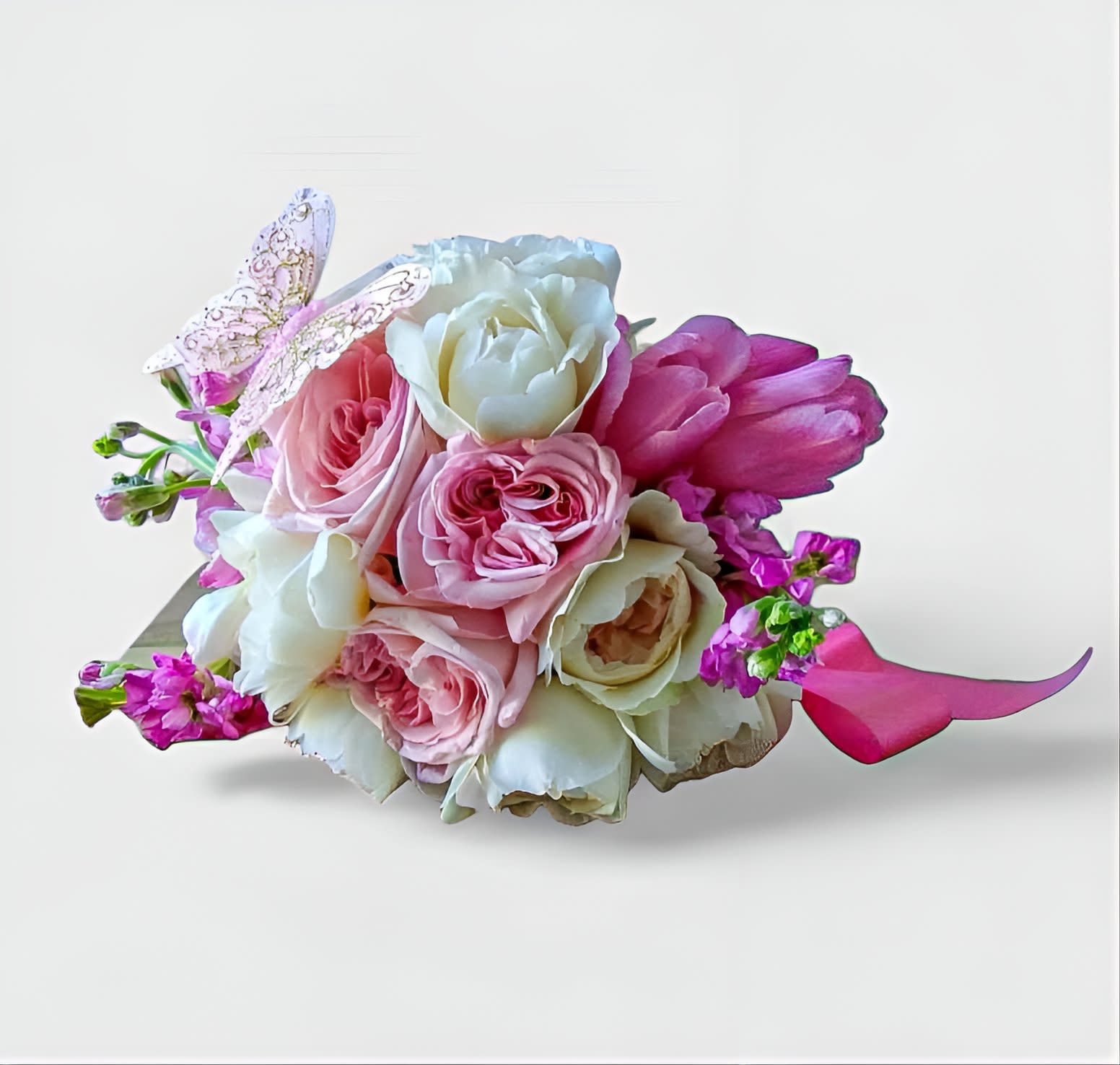 Hand Held Pink Bouquet - Designer's choice; made beautifully from my pink blossoms of the day roses and more arranged as a hand held bouquet wrapped in pretty pink ribbon. Always made unique and extra special. Send them happiness.